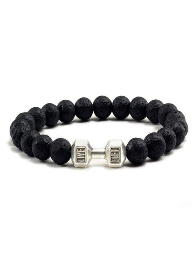 EDMIRIA Natural Black Matte Agate Lava Onyx Semi Precious Stones Dumbbell Charm Reiki Chakra Healing Crystal Fengshui 8mm Gemstones Beads Bracelet for Men & Women (Lava - Silver) (lab certified) - Image 1
