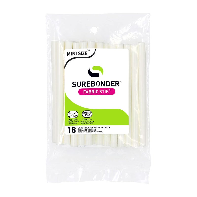 Surebonder White Mini Size Fabric Hot Glue Sticks 4Inch Length Machine Washable Works with Fabric Leather Ribbon Foam 18 Pack White