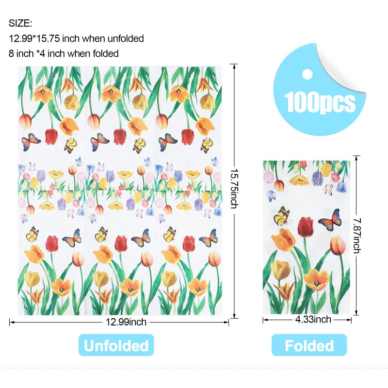 YOCHANDA 100 Pack Tulip Floral Guest Hand Towels Disposable for Bathroom  Floral Paper Napkins Decorative Spring Flowers Napkins for Bathroom Toilet Powder Room Holiday Wedding Bridal Shower (Inches  7.8*4.3) - Image 1