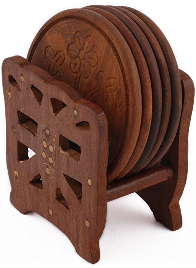 QUESERA Wooden Coaster Set for Tea  Coffee and Drink with Lotus Shaped Holder 