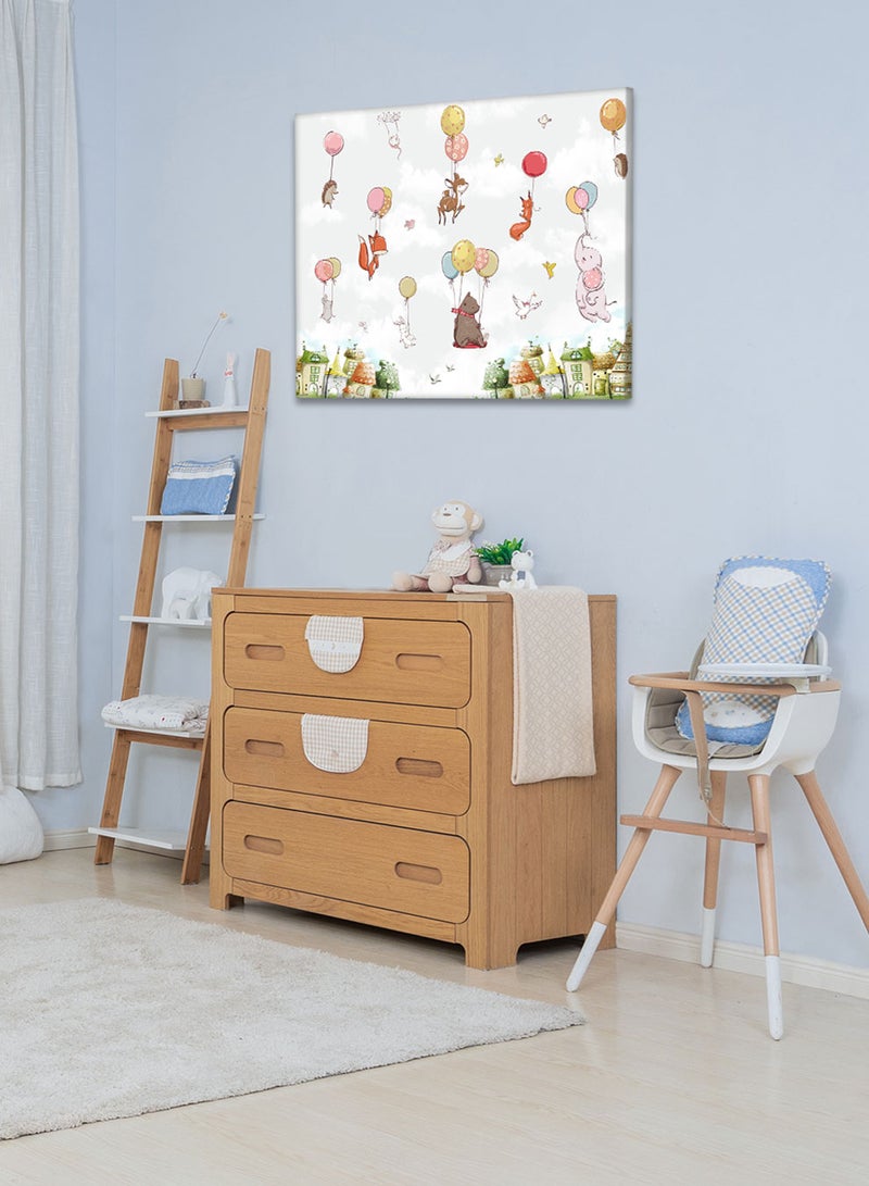 LOWHA Framed Canvas Wall Art Stretched Over Wooden Frame with Animals With Balloons Painting, For Home, Living Room, Office Decor - Image 1