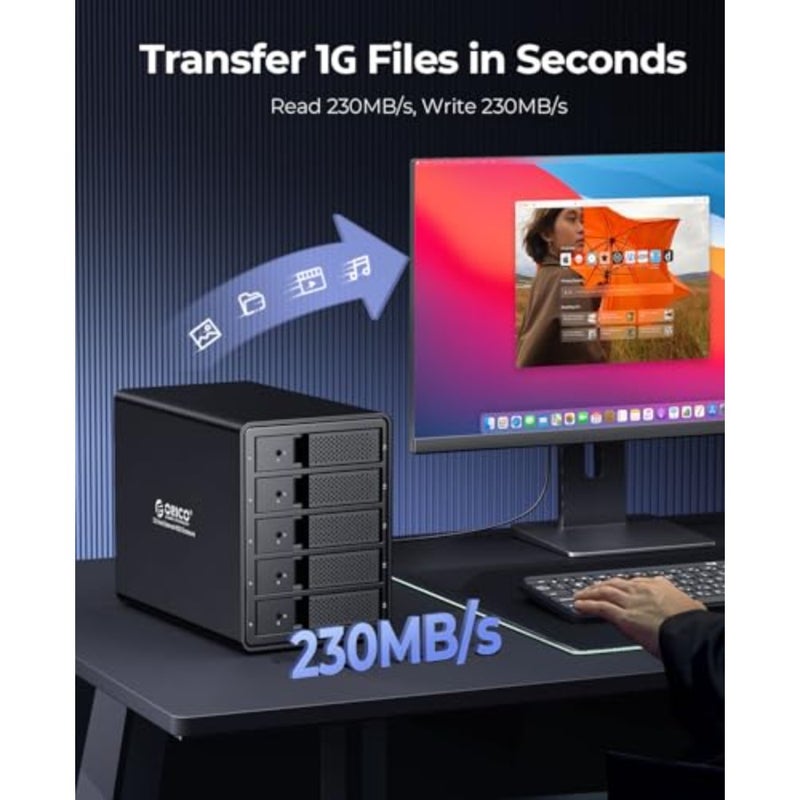 حاوية محرك الأقراص الصلبة الخارجية 5 Bay USB 3.0 3.5 بوصة تدعم 80 تيرابايت 5 × 16 تيرابايت حاوية محرك أقراص صلبة من سبائك الألومنيوم مع مروحة / تخزين بيانات قرص UASP بقدرة 150 وات (بدون قرص) - Image 4