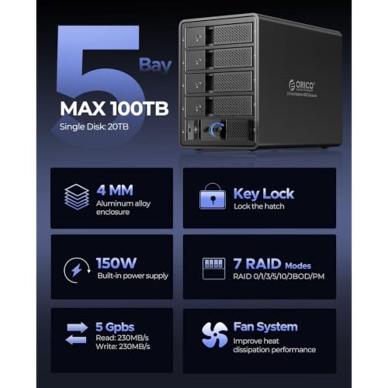 حاوية محرك الأقراص الصلبة الخارجية 5 Bay USB 3.0 3.5 بوصة تدعم 80 تيرابايت 5 × 16 تيرابايت حاوية محرك أقراص صلبة من سبائك الألومنيوم مع مروحة / تخزين بيانات قرص UASP بقدرة 150 وات (بدون قرص) - Image 5