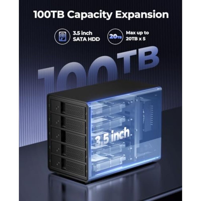 حاوية محرك الأقراص الصلبة الخارجية 5 Bay USB 3.0 3.5 بوصة تدعم 80 تيرابايت 5 × 16 تيرابايت حاوية محرك أقراص صلبة من سبائك الألومنيوم مع مروحة / تخزين بيانات قرص UASP بقدرة 150 وات (بدون قرص) - Image 3