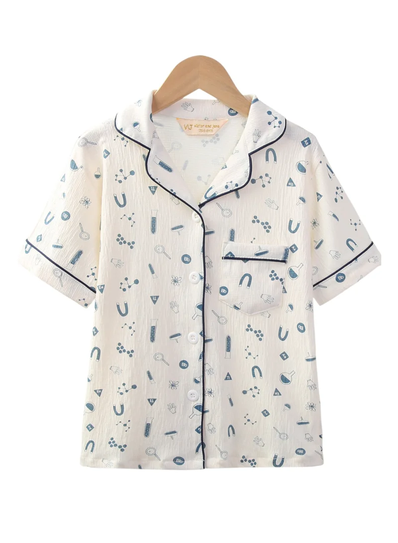 victor and jane Boys 100% Cotton Muslin Pyjama Set with Blue Geometric Print