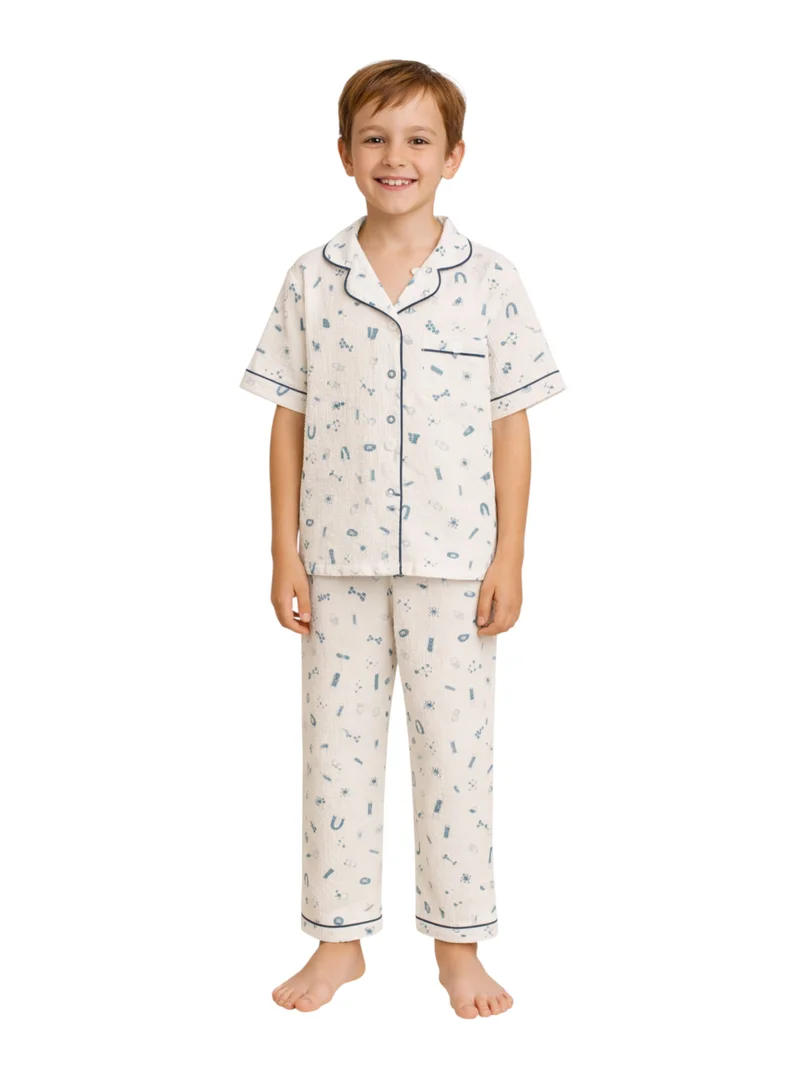 victor and jane Boys 100% Cotton Muslin Pyjama Set with Blue Geometric Print