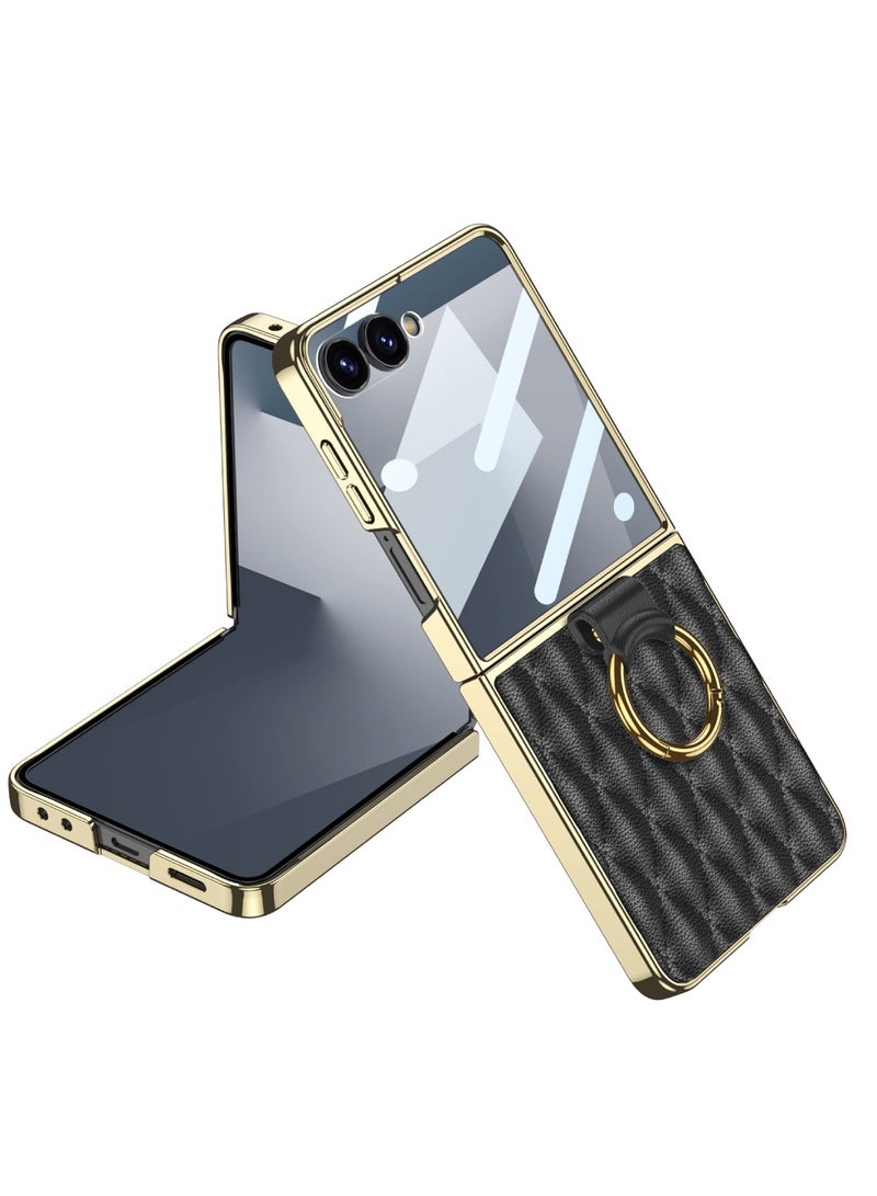 اووكاي جراب جلدي متوافق مع هاتف Samsung Galaxy Z Flip 7 5G 2025 مع حامل حلقي معدني، جراب واقي للشاشة من الزجاج المقوى [مقاوم للصدمات والسقوط] لهاتف Galaxy Z Flip 7 (أسود) - Image 1