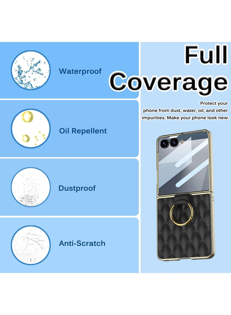 اووكاي جراب جلدي متوافق مع هاتف Samsung Galaxy Z Flip 7 5G 2025 مع حامل حلقي معدني، جراب واقي للشاشة من الزجاج المقوى [مقاوم للصدمات والسقوط] لهاتف Galaxy Z Flip 7 (أسود) - Image 4