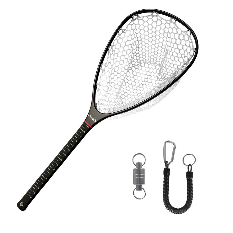 Aventik Fly Floating Fishing Carbon Fiber Landing Net Clear Rubber Ghost Net Catch & Release with Magnetic Net Release(Long Handle withblack with Magnetic Release) - Image 1