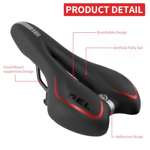Moocci Comfortable MTB Gel Seat Mountain Bike Saddle MTB Saddle Mountain Bike Seat Gel Bikes Seats Breathable & Soft & Waterproof Bike Saddle Cushion for Men and Women - Red - Image 3