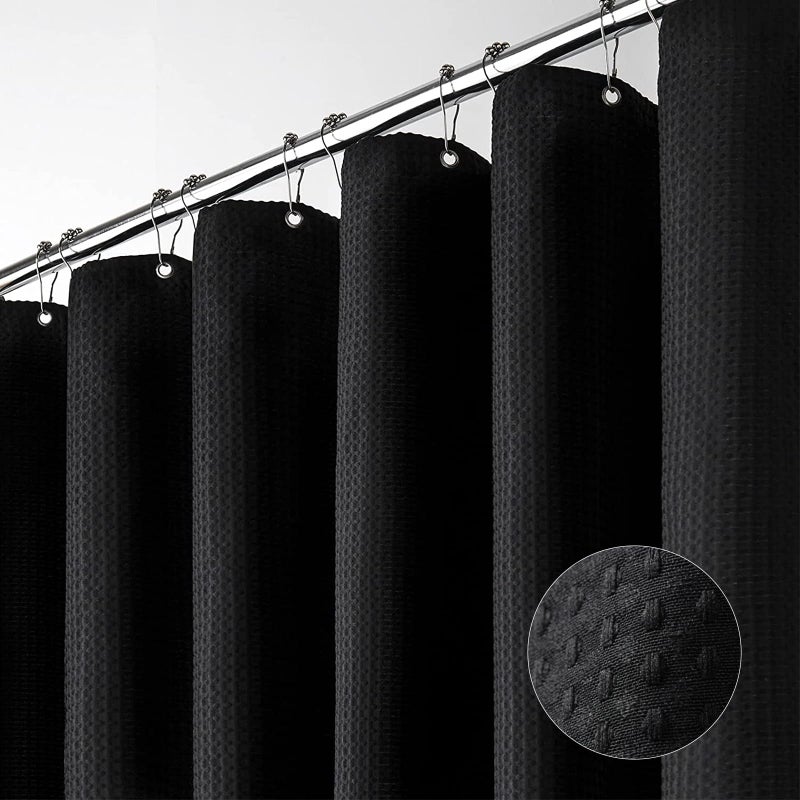 Dynamene Extra Wide Shower Curtain108 Inch Wide Waffle Weave Weighted Thick Cloth Bathroom Shower Curtain Neutral Heavy Duty Hotel Bath Curtain Set with 18 Plastic Hooks108x72Black