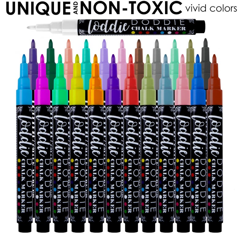 Loddie Doddie Liquid Chalk Markers | Dust Free Chalk Pens - Perfect for Chalkboards, Blackboards, Windows and Glass | 1mm Fine Point Tip Erasable Ink (Pack of 24) - Image 4
