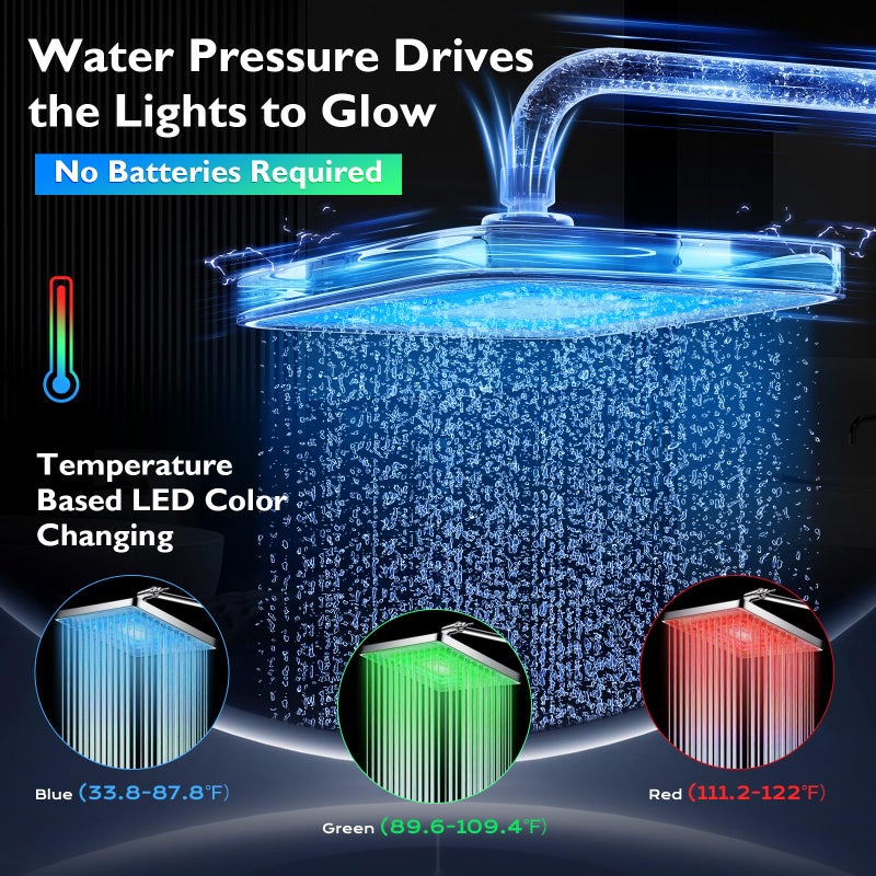PinWin Shower Head, 8'' Dual Rain Shower Head with 11'' Adjustable Extension Arm, 7-Setting High-Pressure Handheld Combo, Rainfall LED Shower Head Water Temperature Controlled Color Changing,Chrome - Image 2