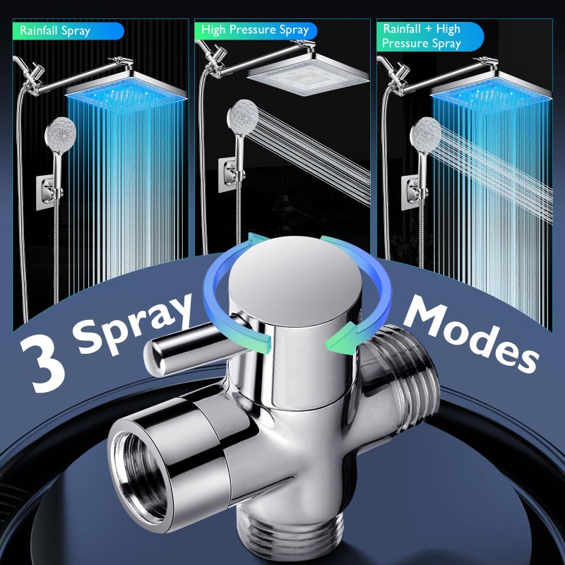 PinWin Shower Head, 8'' Dual Rain Shower Head with 11'' Adjustable Extension Arm, 7-Setting High-Pressure Handheld Combo, Rainfall LED Shower Head Water Temperature Controlled Color Changing,Chrome - Image 3