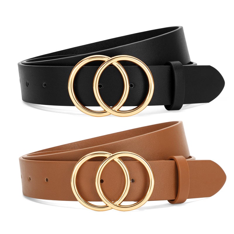 SANSTHS 2 Pack Women Leather Belts Faux Leather Jeans Belt with Double O Ring Buckle Black Brown M - Image 1