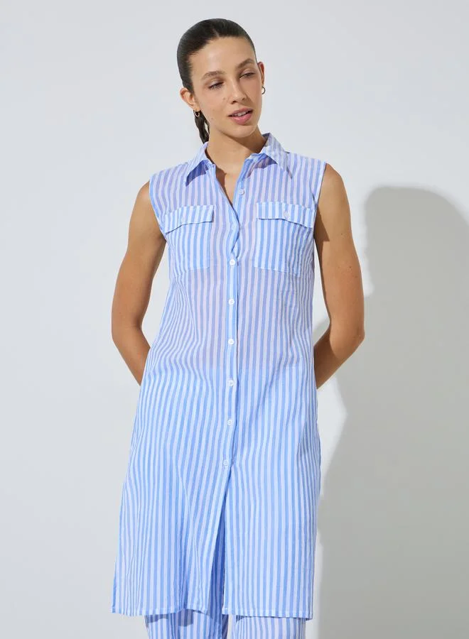 Styli Beige Striped Longline Shirt