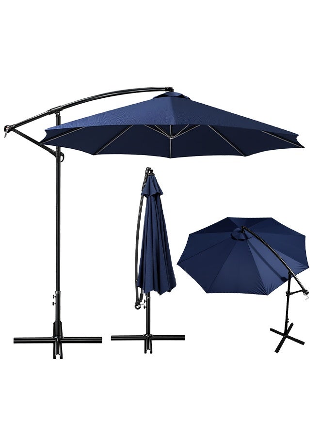 SOLARALIFE 3m Cantilever Patio Umbrella with Crank and Cross Base Offset Hanging Umbrella Adjustable Height and Tilt Angle Outdoor Shade for Yard, Garden, Deck and Pool (Navy Blue) - Image 1