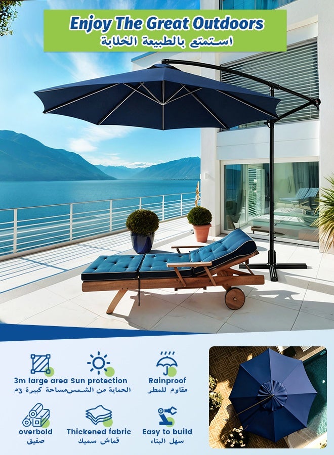 SOLARALIFE 3m Cantilever Patio Umbrella with Crank and Cross Base Offset Hanging Umbrella Adjustable Height and Tilt Angle Outdoor Shade for Yard, Garden, Deck and Pool (Navy Blue) - Image 2