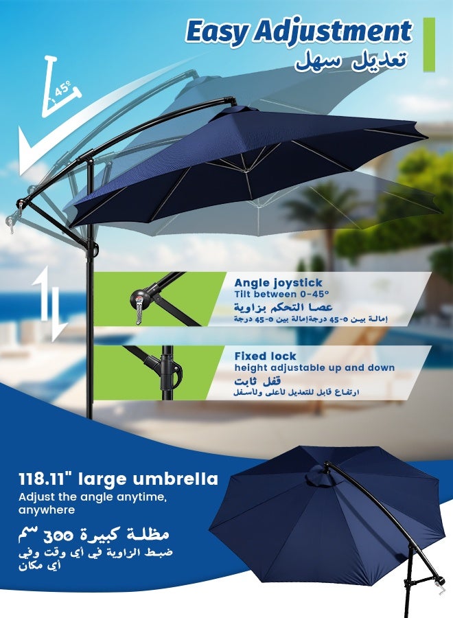 SOLARALIFE 3m Cantilever Patio Umbrella with Crank and Cross Base Offset Hanging Umbrella Adjustable Height and Tilt Angle Outdoor Shade for Yard, Garden, Deck and Pool (Navy Blue) - Image 4