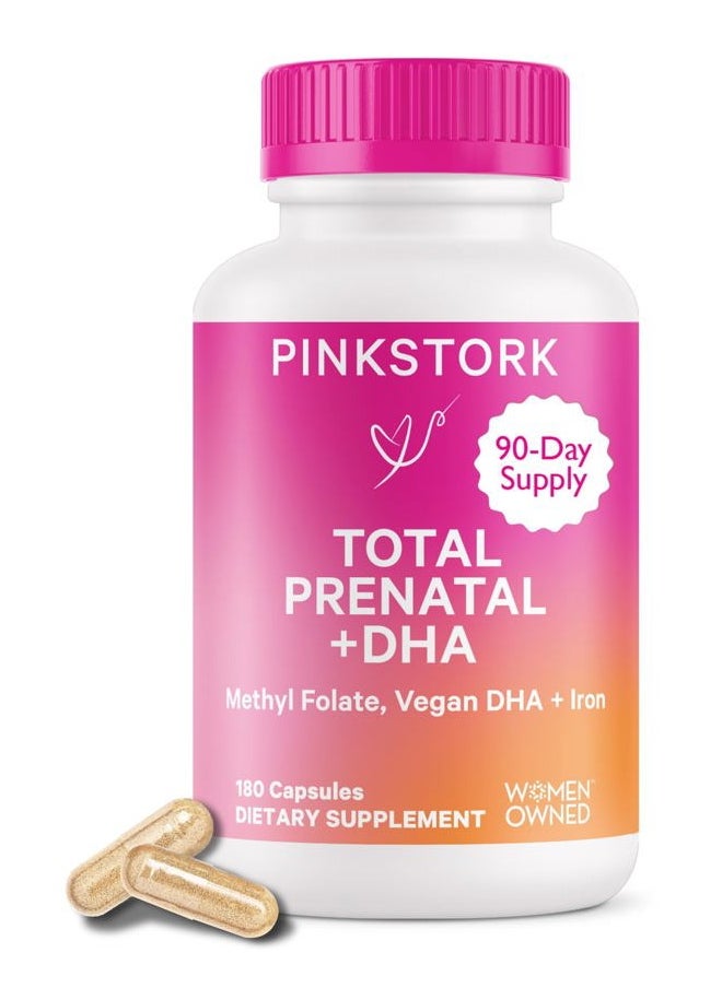 Pink Stork Total Prenatal Vitamins with DHA, Folate, and Iron, 3 Month Supply to Help Support Fetal Development, Pregnancy Must Haves - 180 Capsules  - Image 1
