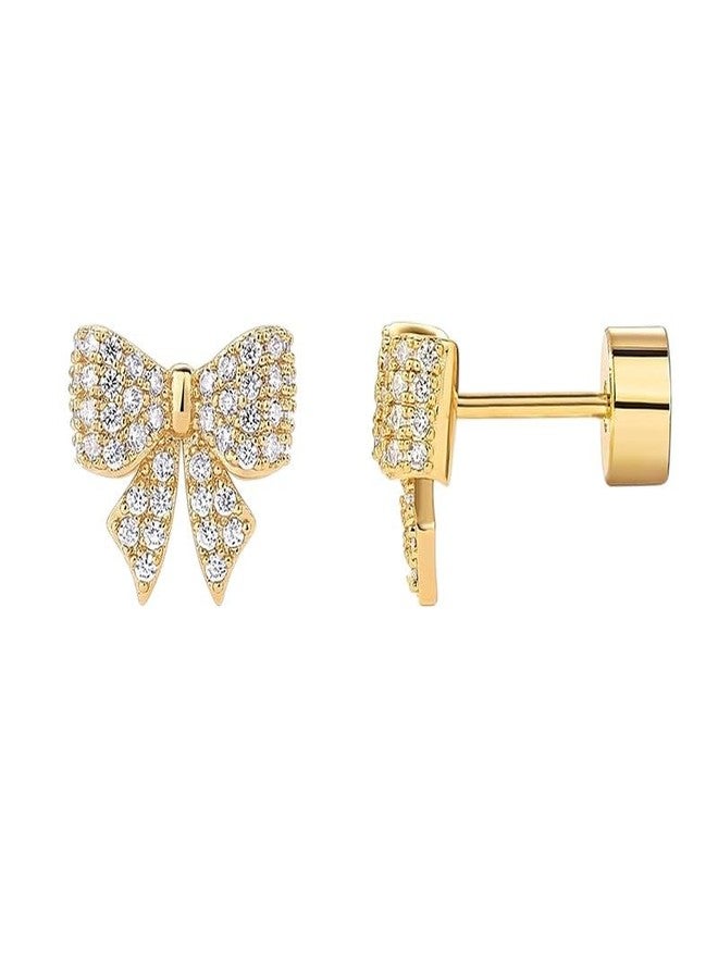 Aaishwarya SMALL14K Plated Bow Zircon Flatback Studs | Earrings for Women and Girls | Minimal Dainty Multi Piercing Stud | With Screw Back | Lightweight Everyday | Water-Resistant Anti-Tarnish Jewels - Image 1