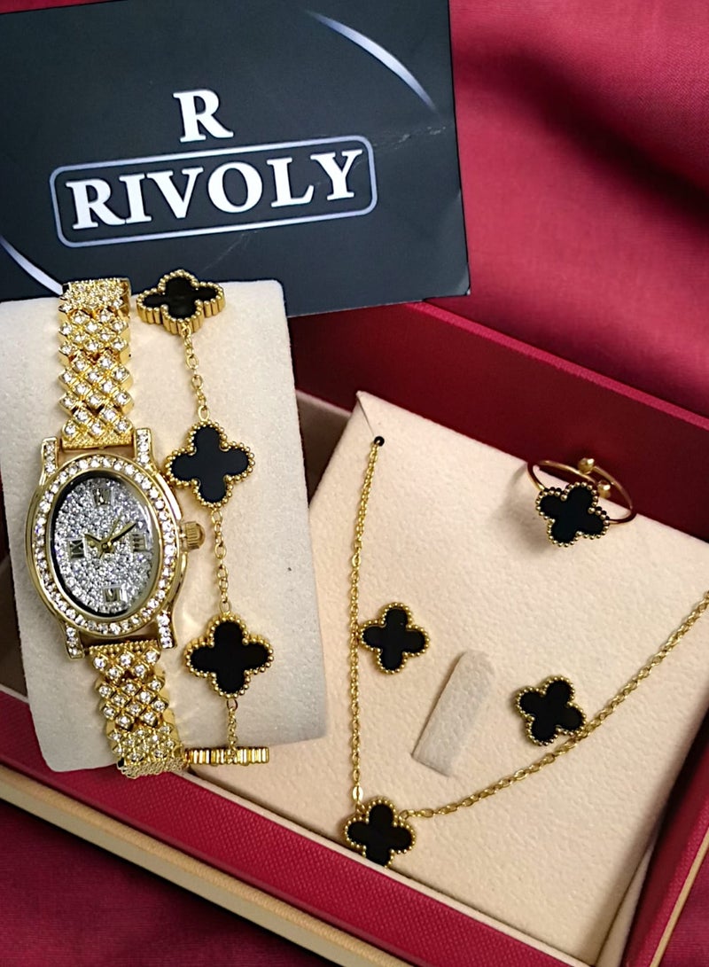 Rivoly Elegant women's stainless-steel set consisting of a waterproof watch with a set of bracelets, rings, necklaces, and earrings - Image 2