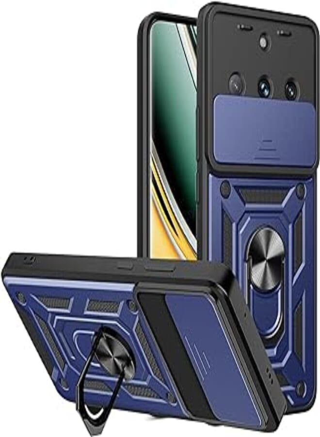 Compatible with Realme 11 Pro/Realme 11 Pro Plus Premium Protection Back Case with Camera Slide Cover Built-in Ring Stand Shockproof Case For with Realme 11 Pro 5G / Realme 11 Pro+ 5G (Blue)