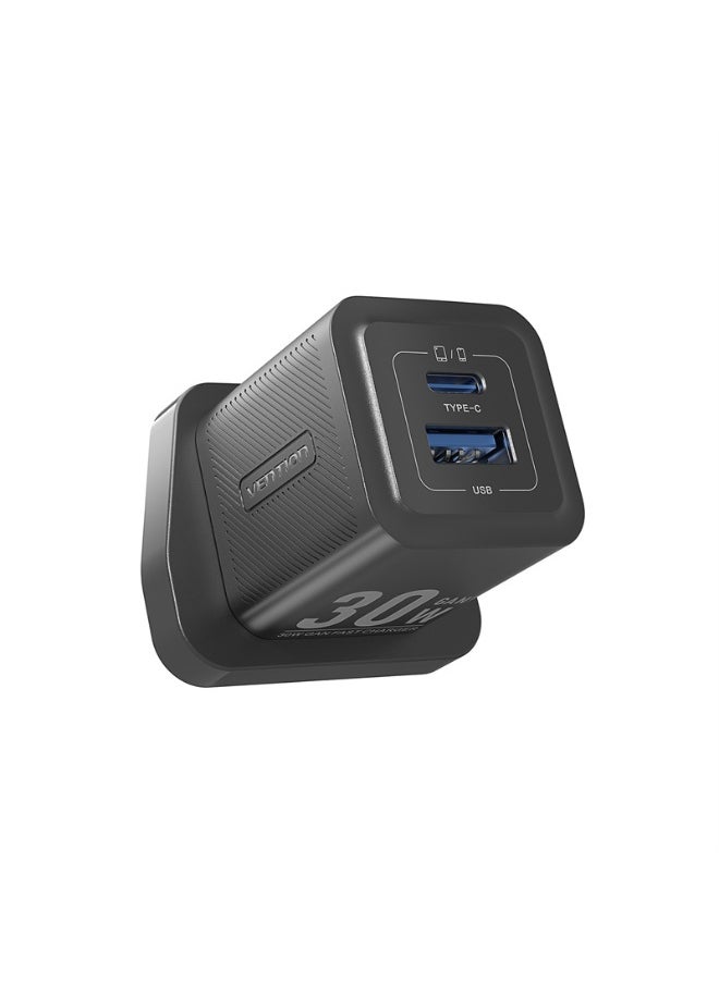 فينشن شاحن VENTION ثنائي المنفذ USB (C + A) GaN (30 واط/30 واط) قابس المملكة المتحدة أسود رقم الموديل FEQB0-UK  - Image 1