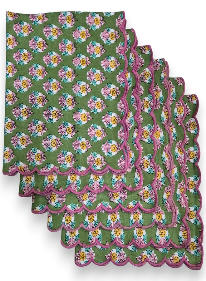 100% Cotton Hand Block Printed Cloth Napkins, 18 x 18 Set of 6 - Green Pink Floral with Scalloped Edge, Reusable Washable Napkin for Kitchen Dining, Boho Decorative-Napkins for Parties & Daily Use