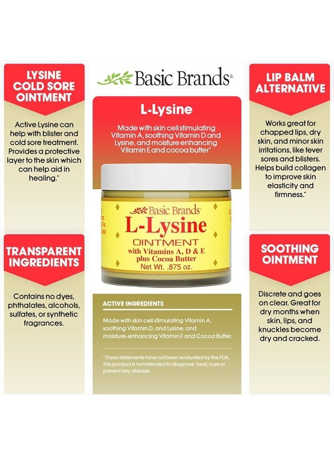Basic Brands L-Lysine Ointment, Cold Sore Fever Blister Relief, Soothes Chapped Lips and Dry Skin, Goes on Clear, 0.875 oz (Pack of 1)