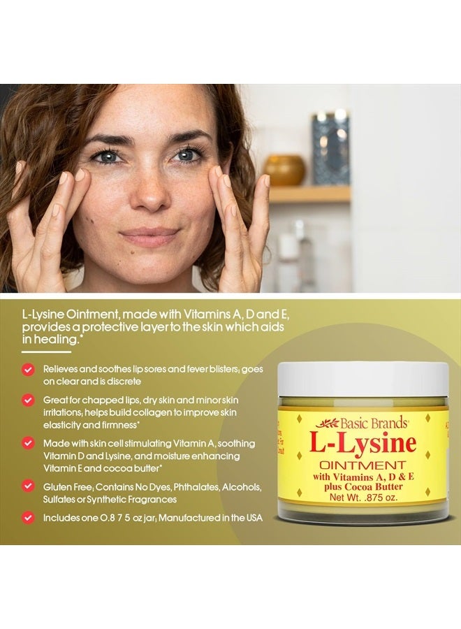 Basic Brands L-Lysine Ointment, Cold Sore Fever Blister Relief, Soothes Chapped Lips and Dry Skin, Goes on Clear, 0.875 oz (Pack of 1)