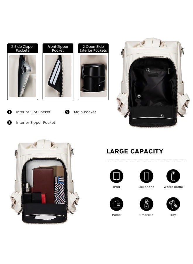 molshine Anti Theft Backpack,Fashion Casual Travel PU Leather Daypack Bag Shoulder Rucksack Handbags for Women HB041, Beige, Large, Classic - Image 4