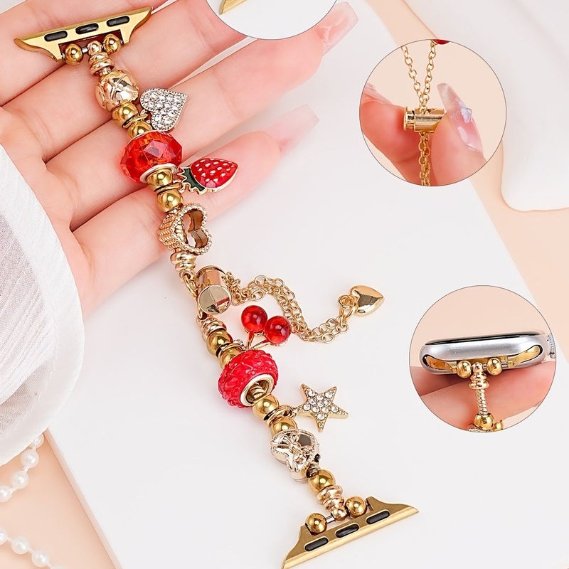 This Charming And Elegant Gold Plated Replacement Watch Strap For Apple Watch 38 40 41 42mm Series 10 11 With Fruit Pendant Design Ideal Gift - Image 3