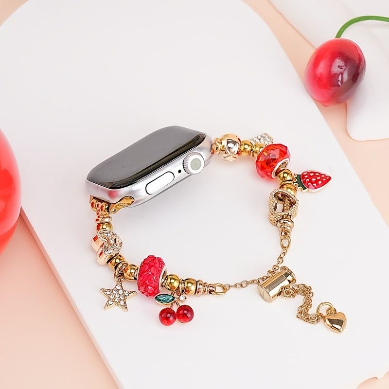 This Charming And Elegant Gold Plated Replacement Watch Strap For Apple Watch 38 40 41 42mm Series 10 11 With Fruit Pendant Design Ideal Gift - Image 1