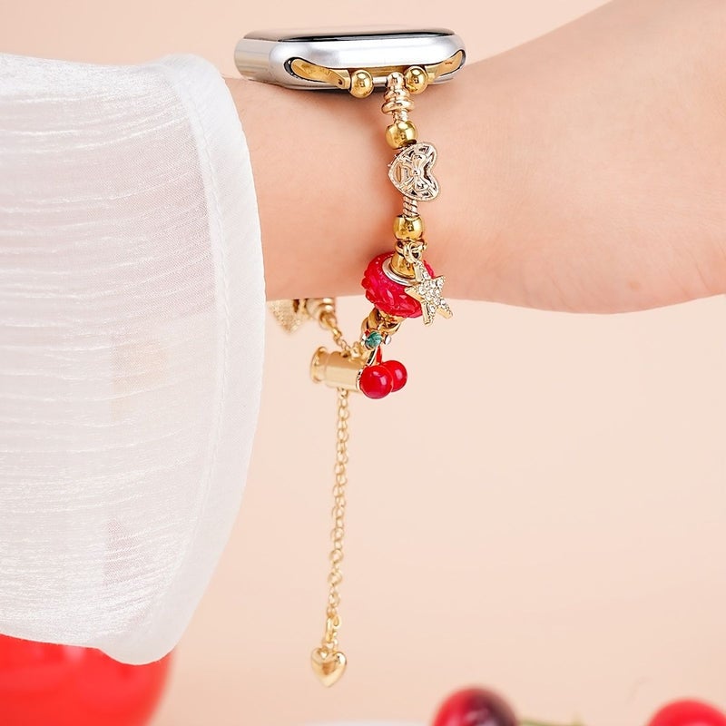 This Charming And Elegant Gold Plated Replacement Watch Strap For Apple Watch 38 40 41 42mm Series 10 11 With Fruit Pendant Design Ideal Gift - Image 5