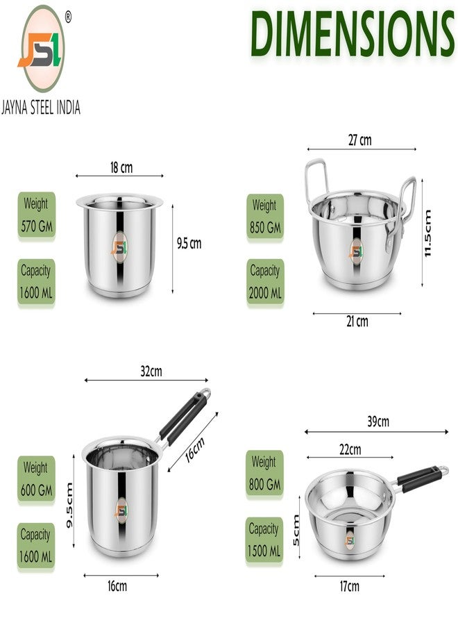 JSI Stainless Steel Cookware 4 Pcs Set - Fry Pan 1500 ML, Kadhai 2000 ML, Tope 1600 ML & Saucepan 1600 ML - Induction Base, Triply Bottom - Steel Cooking Set - Thick Encapsulated Aluminium Core Base - Image 5
