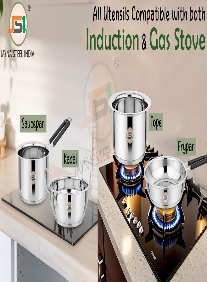 JSI Stainless Steel Cookware 4 Pcs Set - Fry Pan 1500 ML, Kadhai 2000 ML, Tope 1600 ML & Saucepan 1600 ML - Induction Base, Triply Bottom - Steel Cooking Set - Thick Encapsulated Aluminium Core Base - Image 4