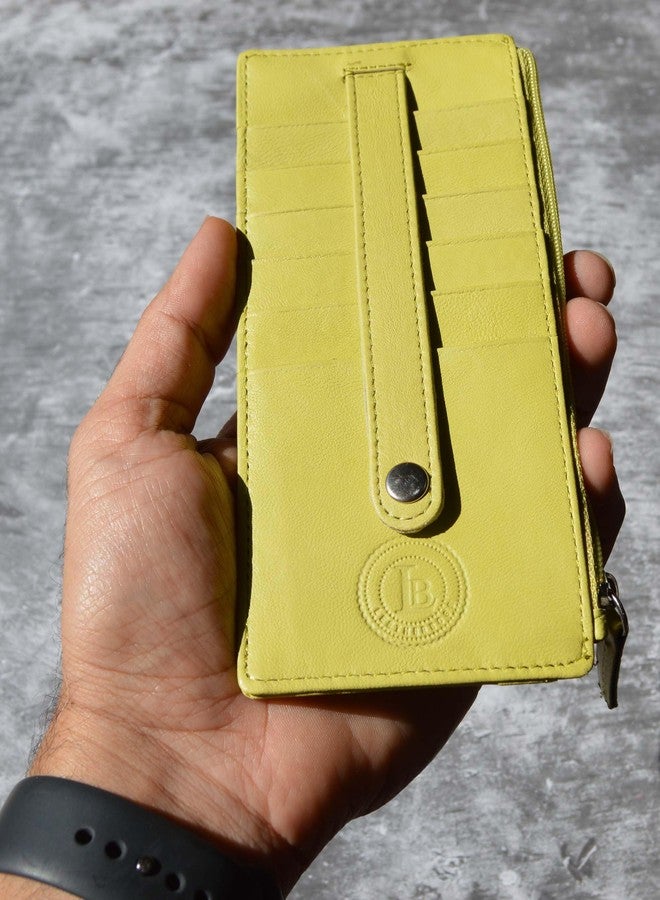 LB LEATHERBOSS Leatherboss Genuine Leather Women's All in One Credit Business Card Case Holder Slim Zipper Wallet With a Card Protection Strap, Lemon - Image 3