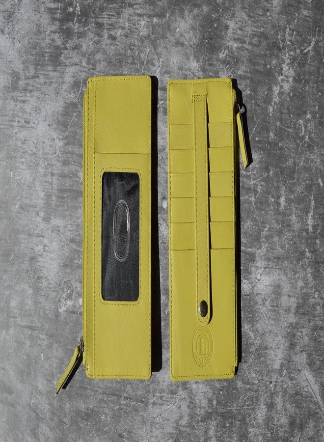 LB LEATHERBOSS Leatherboss Genuine Leather Women's All in One Credit Business Card Case Holder Slim Zipper Wallet With a Card Protection Strap, Lemon - Image 2