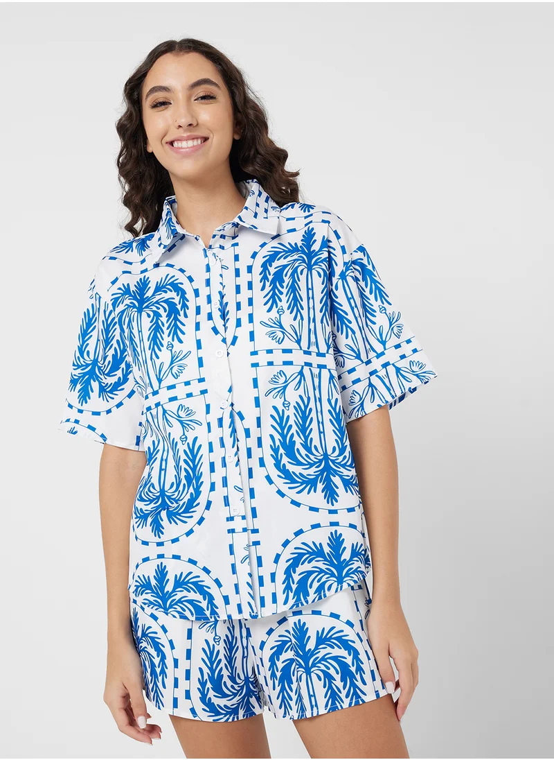 جينجر Palm Print Cotton Shirt & Short Set