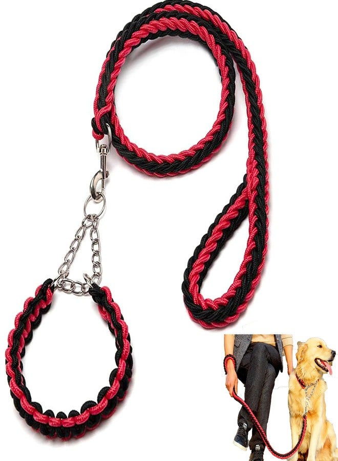 Wellway Heavy Duty Braided Dog Leash with Chain Collar - Strong Rope Training Lead with Metal Slip Control, Anti Pull Walking Leash for Medium & Large Dogs (Red & Black) - Image 1