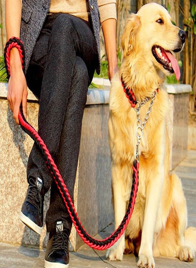 Wellway Heavy Duty Braided Dog Leash with Chain Collar - Strong Rope Training Lead with Metal Slip Control, Anti Pull Walking Leash for Medium & Large Dogs (Red & Black) - Image 2