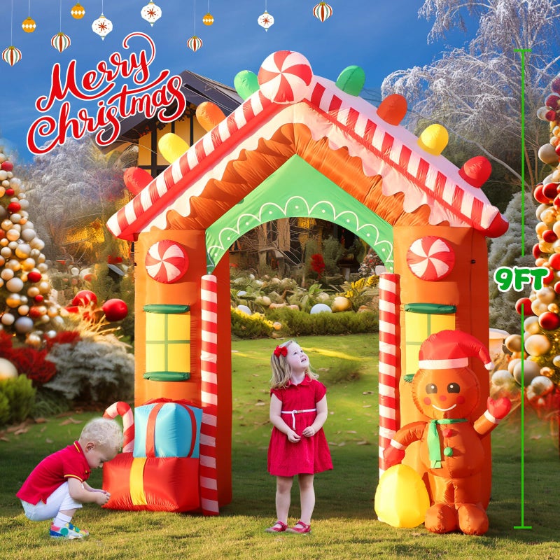 FunFanso 9 FT Christmas Inflatables Archway Outdoor Decorations, Gingerbread Man House Arch Blow Up Yard Decoration with Colorful Gift Boxes, Built-in LED Lights for Garden Porch Xmas Party Decor - Image 2