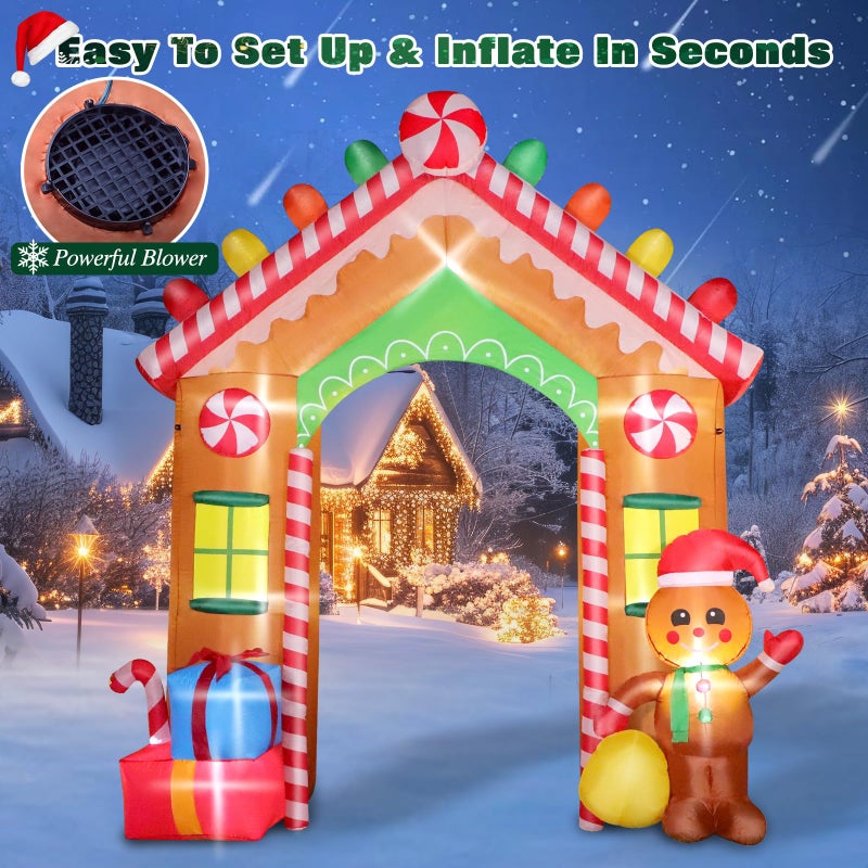 FunFanso 9 FT Christmas Inflatables Archway Outdoor Decorations, Gingerbread Man House Arch Blow Up Yard Decoration with Colorful Gift Boxes, Built-in LED Lights for Garden Porch Xmas Party Decor - Image 3