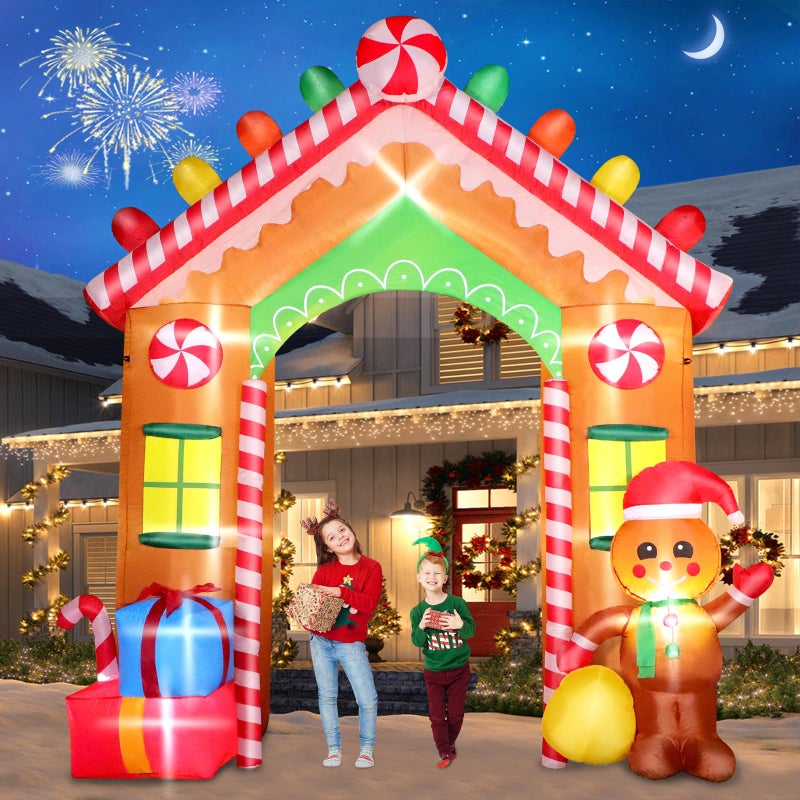 FunFanso 9 FT Christmas Inflatables Archway Outdoor Decorations, Gingerbread Man House Arch Blow Up Yard Decoration with Colorful Gift Boxes, Built-in LED Lights for Garden Porch Xmas Party Decor - Image 1