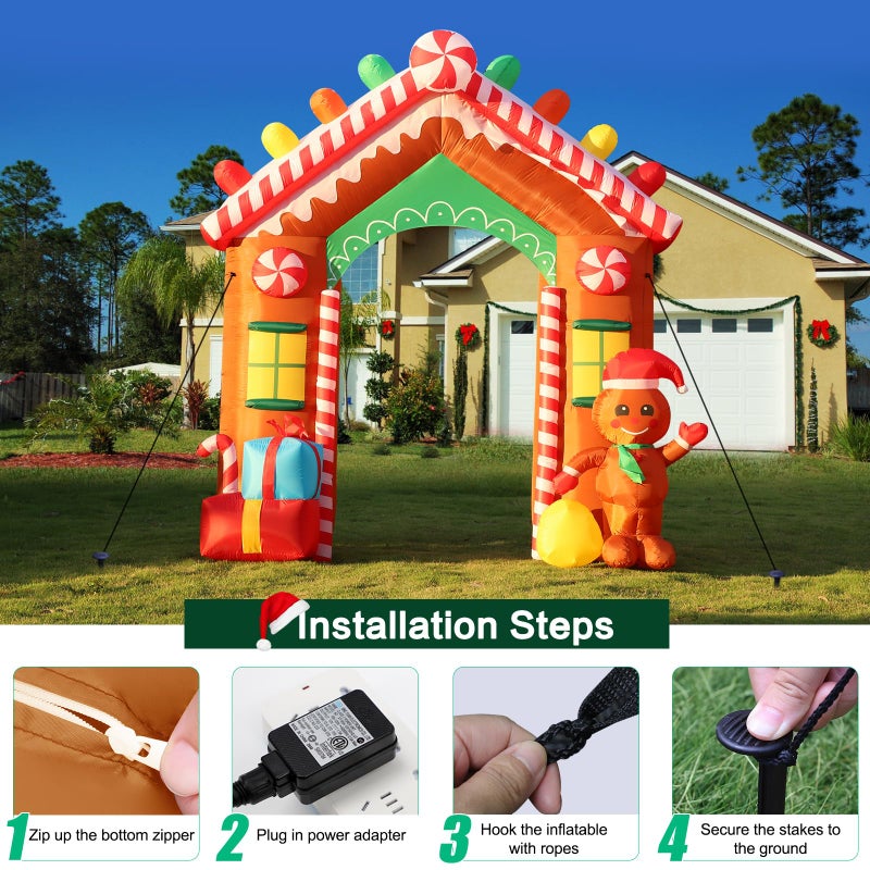 FunFanso 9 FT Christmas Inflatables Archway Outdoor Decorations, Gingerbread Man House Arch Blow Up Yard Decoration with Colorful Gift Boxes, Built-in LED Lights for Garden Porch Xmas Party Decor - Image 5