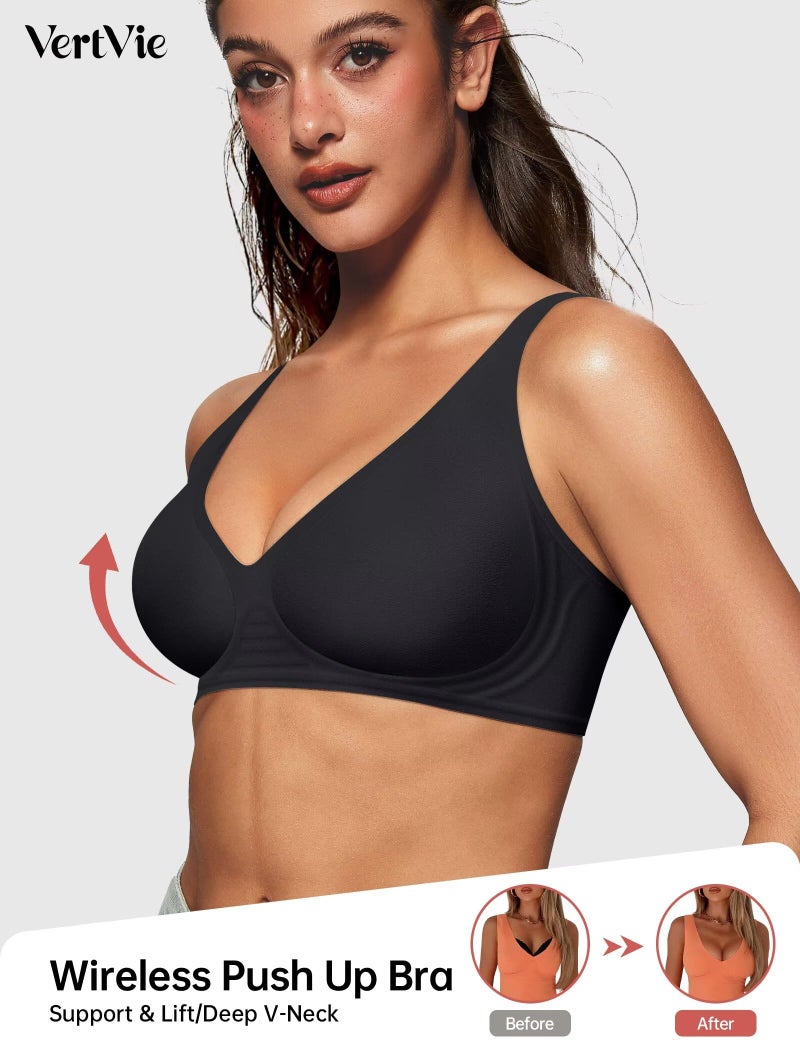 Vertvie Jelly Wireless Bras for Women Push Up Plunge Seamless T-Shirt Bras No Underwire Supportive Full Coverage Bralettes(Black,Small) - Image 2