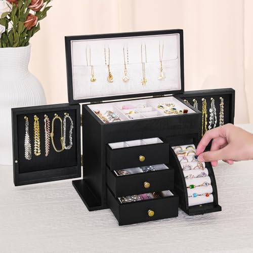 Poyilooo Jewelry Box Organizer, Solid Wood Jewelry Boxes for Women, Double Layer Jewelry Organizer Box Display Earring Necklace Bracelet Ring, Rustic Style Small Jewelry Box for Girls (Black) - Image 2