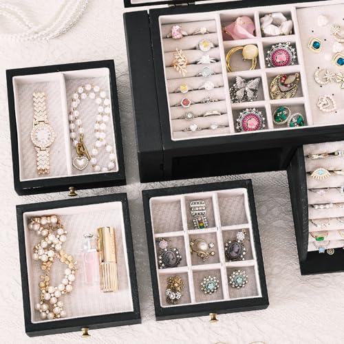 Poyilooo Jewelry Box Organizer, Solid Wood Jewelry Boxes for Women, Double Layer Jewelry Organizer Box Display Earring Necklace Bracelet Ring, Rustic Style Small Jewelry Box for Girls (Black) - Image 4