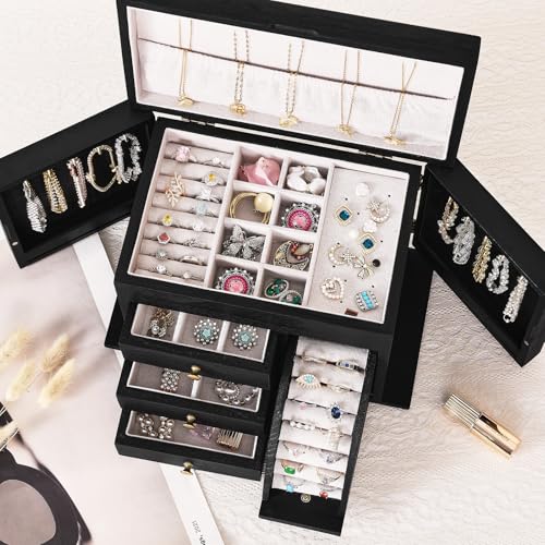 Poyilooo Jewelry Box Organizer, Solid Wood Jewelry Boxes for Women, Double Layer Jewelry Organizer Box Display Earring Necklace Bracelet Ring, Rustic Style Small Jewelry Box for Girls (Black) - Image 3